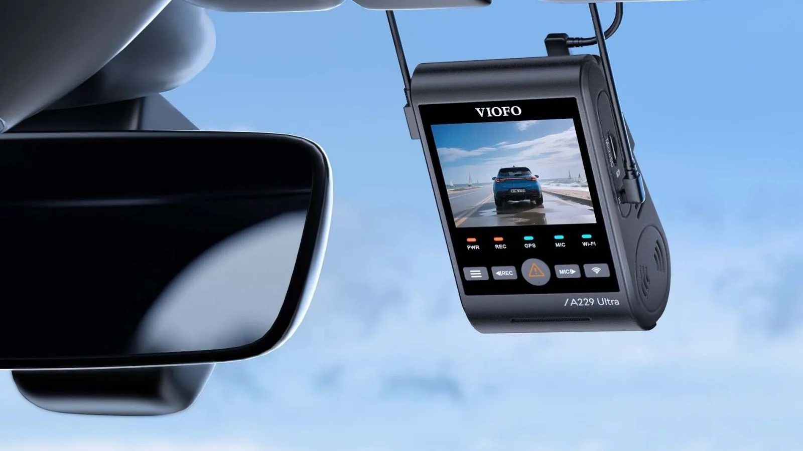 VIOFO A229 Ultra 4K dash camera mounted at the windshield showing rear-camera video